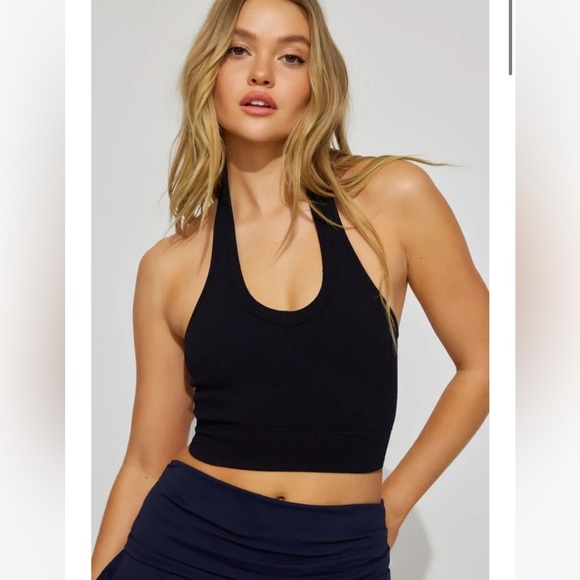 Garage Ribbed Halter Crop Top in Cream - Picture 1 of 7